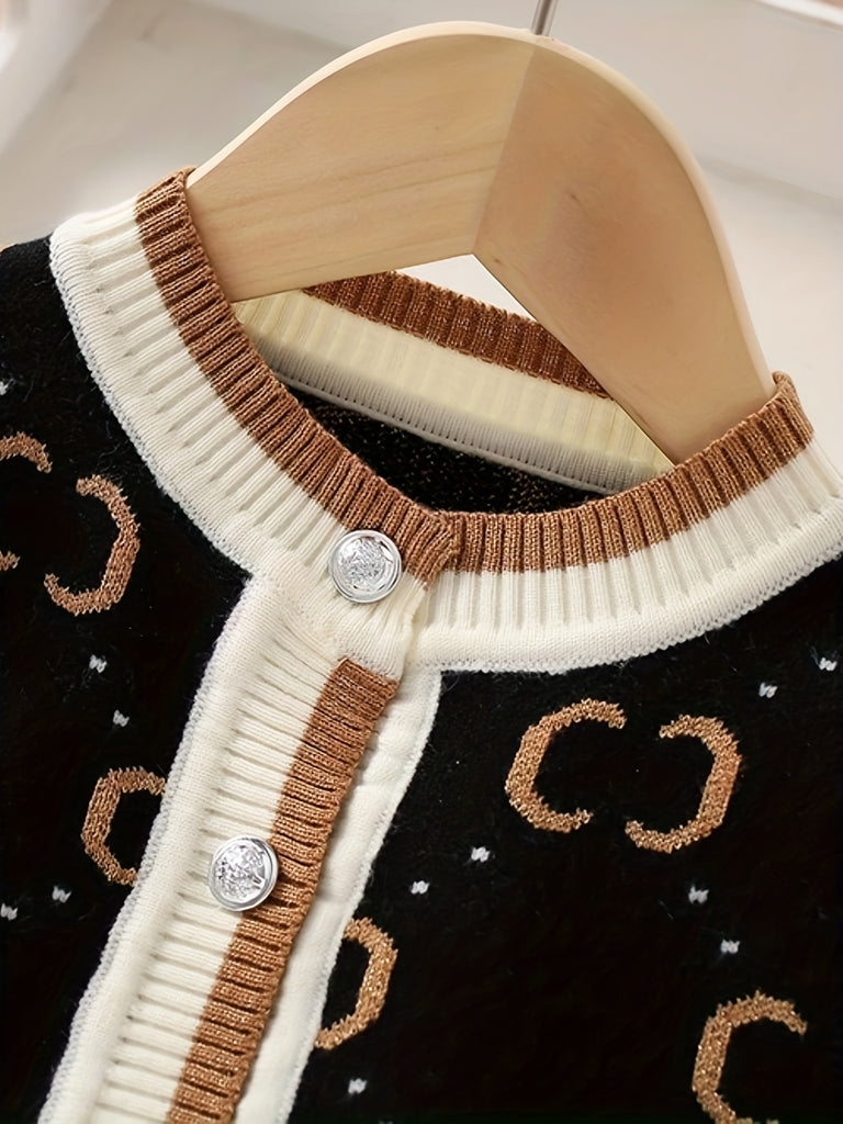 1 Set Adorable Girl's Contrast Knit Long-Sleeve Crew Neck Cardigan Coat + Matching Skirt - Soft, Comfy, and Versatile Winter & Fall Daily Casual Outfit for Girls, Perfect as a Gift