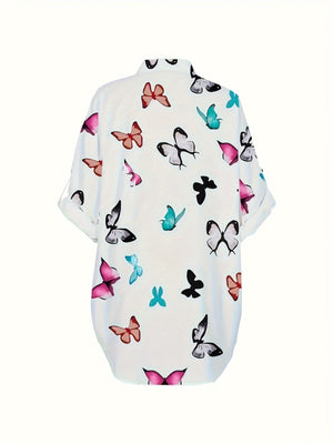 Fluttering Butterfly Print Plus Size Blouse - Stylish & Comfortable Casual Wear with Roll Tab Sleeves and Buttons - Perfect for Spring - Womens Plus Fashion