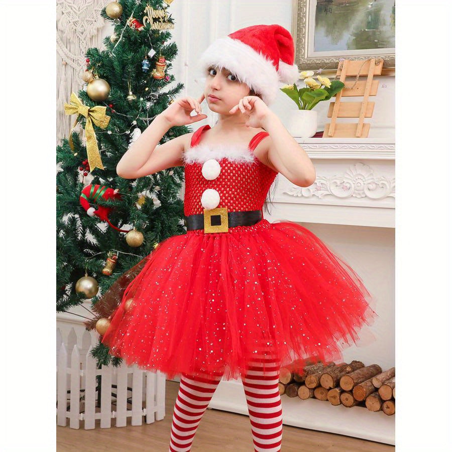 Santa Christmas Costume, Sleeveless Tulle Patchwork A-Line Dress + Long Stocking + Headband/Hat Cosplay Clothes
