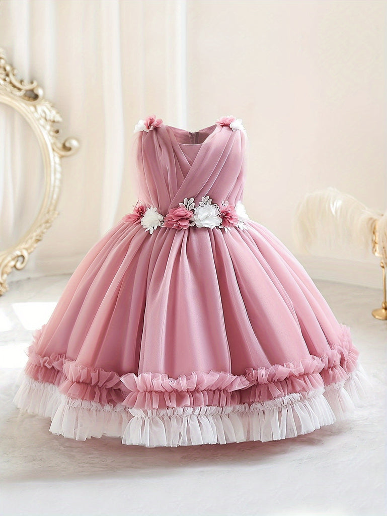 Sweet Floral Decor Sleeveless Princess Dress Summer Clothes Party Gift Birthday Girls