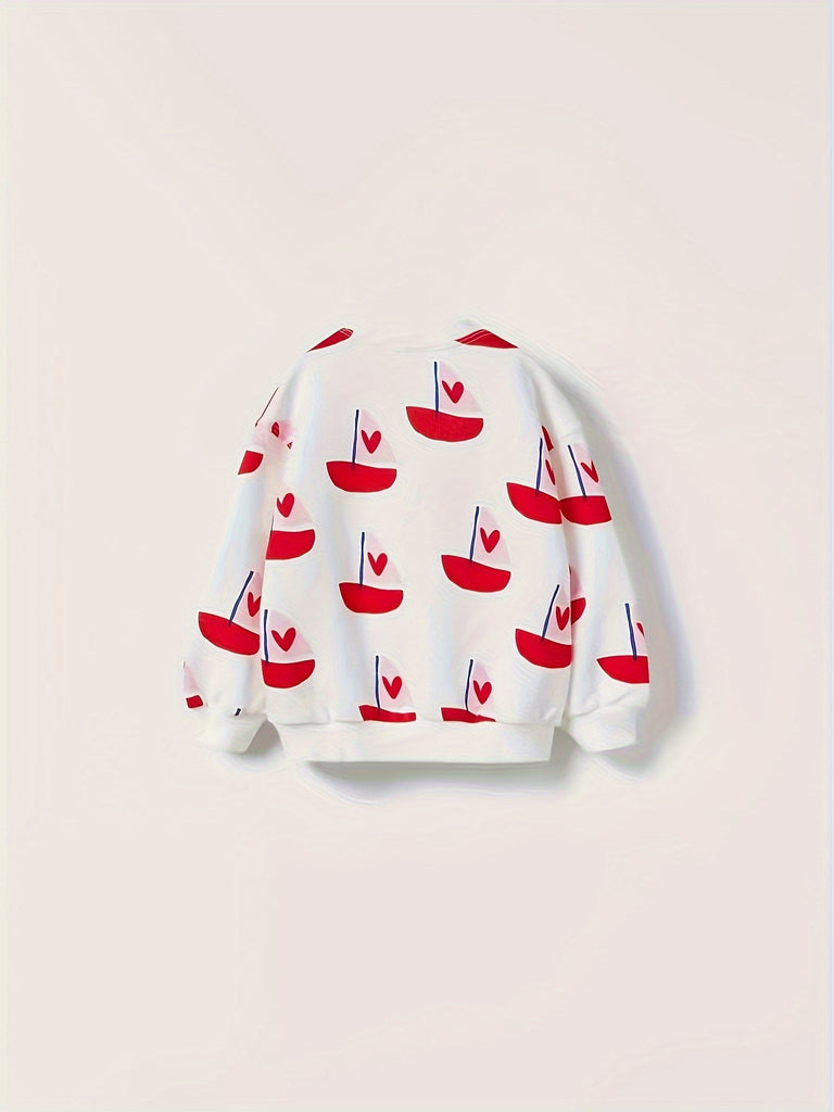 Chic Floral Long-Sleeve Cotton Blend Girls’ Sweatshirt | Crew Neck, Stretch Fabric, Rib-Knit Details | Perfect for Daily Wear, Parties, Gift