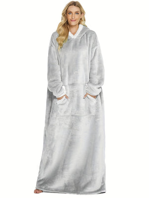 Solid Plush Hooded Robe, Warm & Comfy Long Sleeve Robe With Pockets, Women's Sleepwear