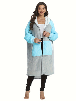 Ultimate Cozy Oversized Hoodie Blanket - Stylish Color Block Patchwork, Ultra-Soft Plush, Warm Thickened Robe with Handy Kangaroo Pockets - Perfect for Chilly Fall/Winter Lounging