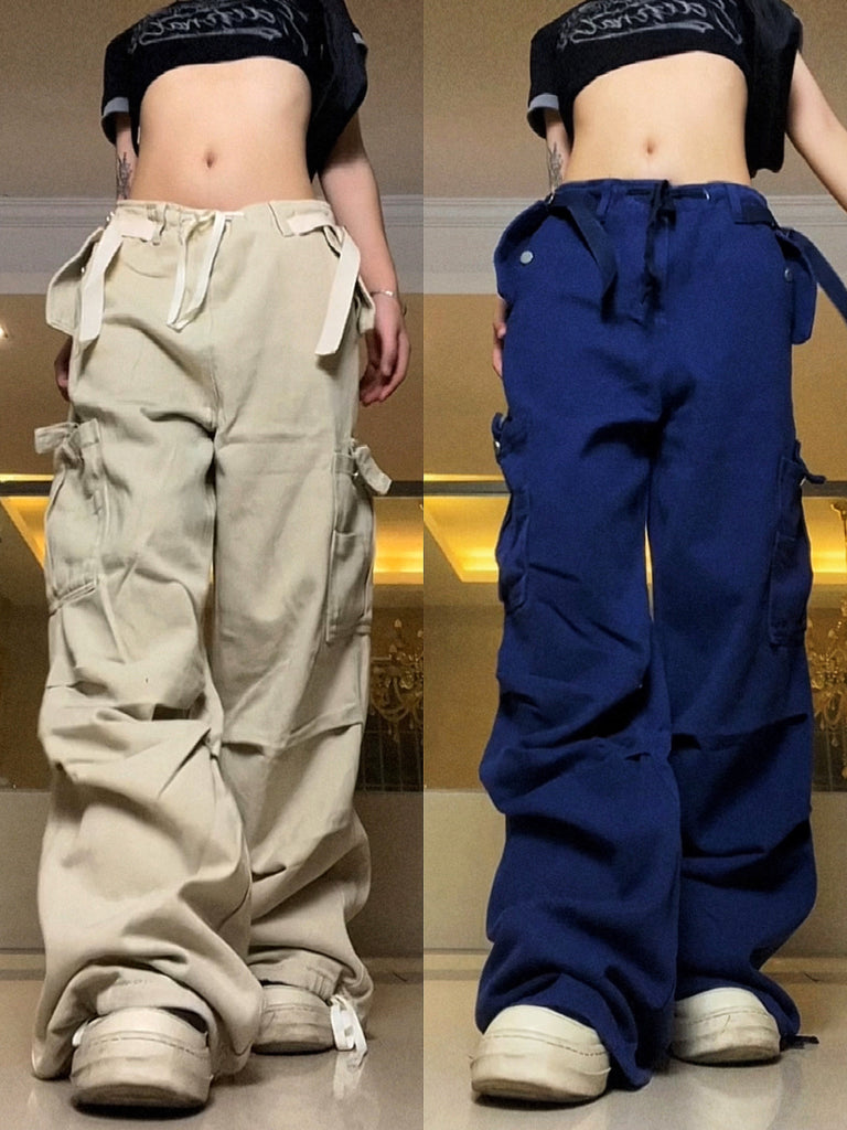 goosudu Kenny Solid Color Multi-Pocket High Waist Straight Wide Leg Cargo Pants