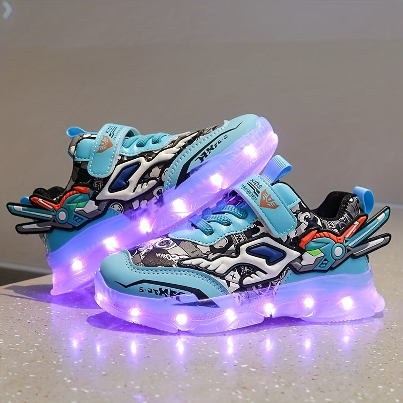 Boys Color Block LED Sneakers with Hook & Loop - USB Charging, Chunky Luminescent Soles, Trendy Retro Style, Ultra Comfortable