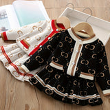 1 Set Adorable Girl's Contrast Knit Long-Sleeve Crew Neck Cardigan Coat + Matching Skirt - Soft, Comfy, and Versatile Winter & Fall Daily Casual Outfit for Girls, Perfect as a Gift