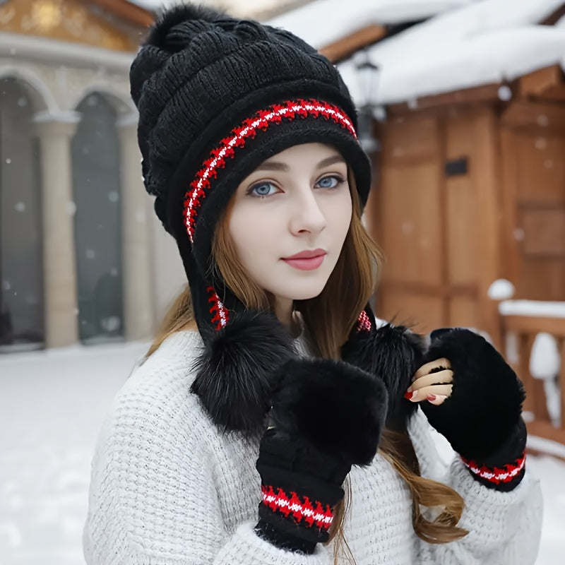 Winter Knit Beanie and Fingerless Gloves Set for Women, 100% Polyester Furry Hat with Ear Warmer - Elastic Yarn-Dyed Knitted Cap and Gloves Combo, Fashionable Cold Weather Accessories