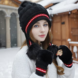 Winter Knit Beanie and Fingerless Gloves Set for Women, 100% Polyester Furry Hat with Ear Warmer - Elastic Yarn-Dyed Knitted Cap and Gloves Combo, Fashionable Cold Weather Accessories