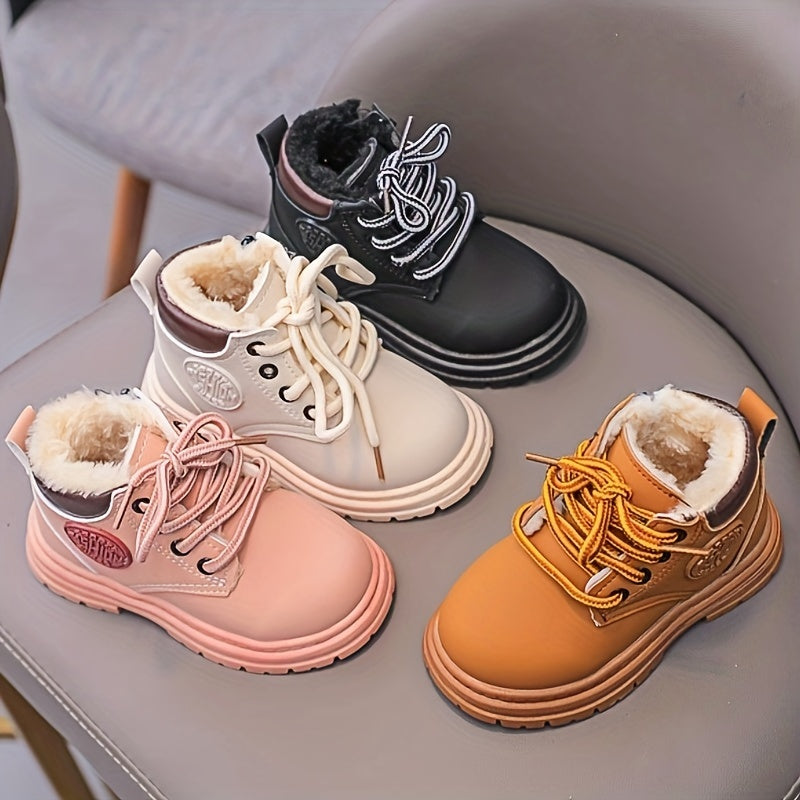 Trendy Cool Solid Color Plus Fleece Boots For Baby Boys Girls, Non-slip Warm Boots For Autumn And Winter