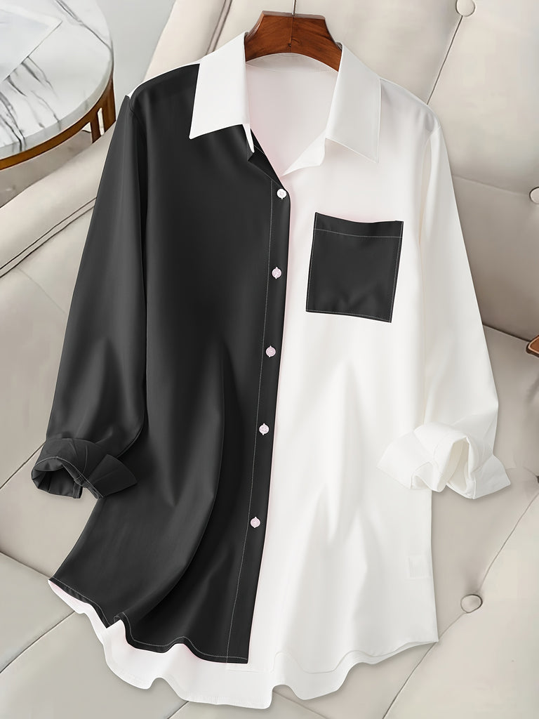 Plus Size Colorblock Collared Shirt, Casual Long Sleeve Button Front Shirt, Women's Plus Size Clothing