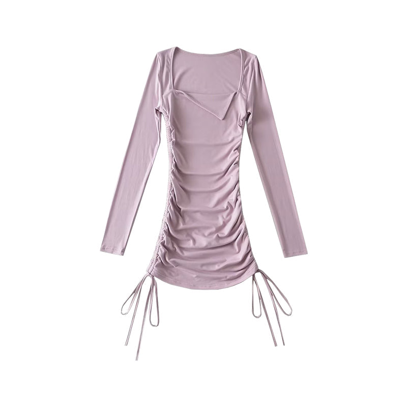 goosudu Mai Solid Color Long Sleeve Square Neck Lapel Drawstring Pleated Slim Mini Dress