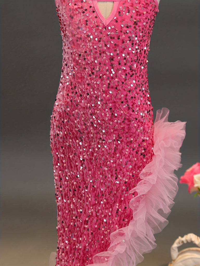 Girls Dazzling Sparkly Bodycon Dress - Thin Spaghetti Straps, Body-Hugging Fit, Asymmetrical Tulle Hem, Seductive Cutout Detail - Perfect for Prom, Formal Events, and Parties