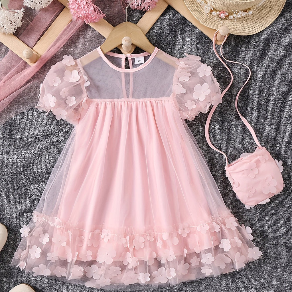 Fairy Tale Bloom - Girls Delightful Floral Tutu Dress with Puffy Sleeves & Matching Purse - A Dreamy Summer Party or Holiday Gift for Little Princesses