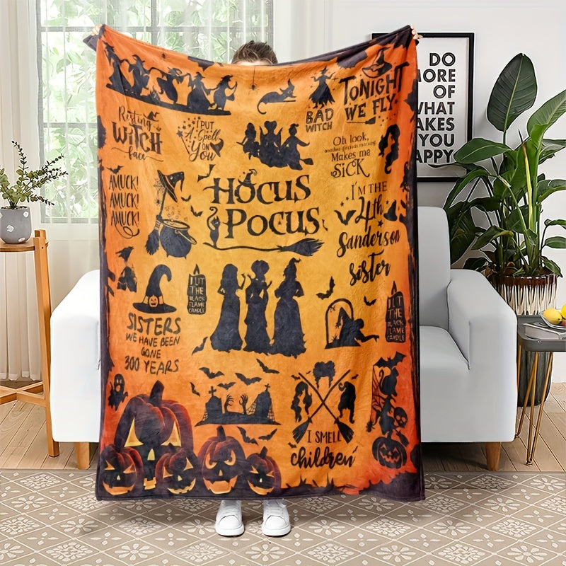 Traditional-Style Hocus Pocus Themed Flannel Throw Blanket - Soft, Machine Washable, All-Season Stain-Resistant Bedding with Pumpkin and Witch Motif for Multipurpose Use - Knitted Polyester Decoration Shawl