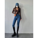 goosudu Galia Solid Color Denim High Waist Pencil Leg Skinny Jeans Pants