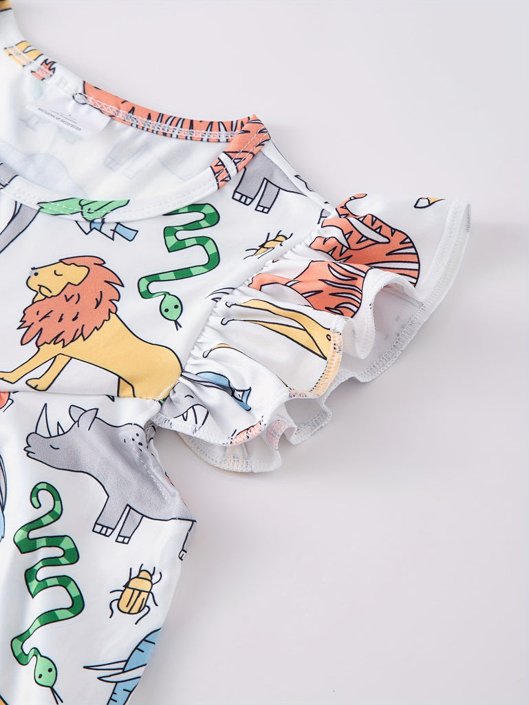 Vibrant Cartoon Animal Print Sleeveless Dress for Girls - Comfy, Flutter Trim, Summer-Perfect, Gift-Ready - Fun and Playful Graphic Design, Soft Fabric, Easy Wear