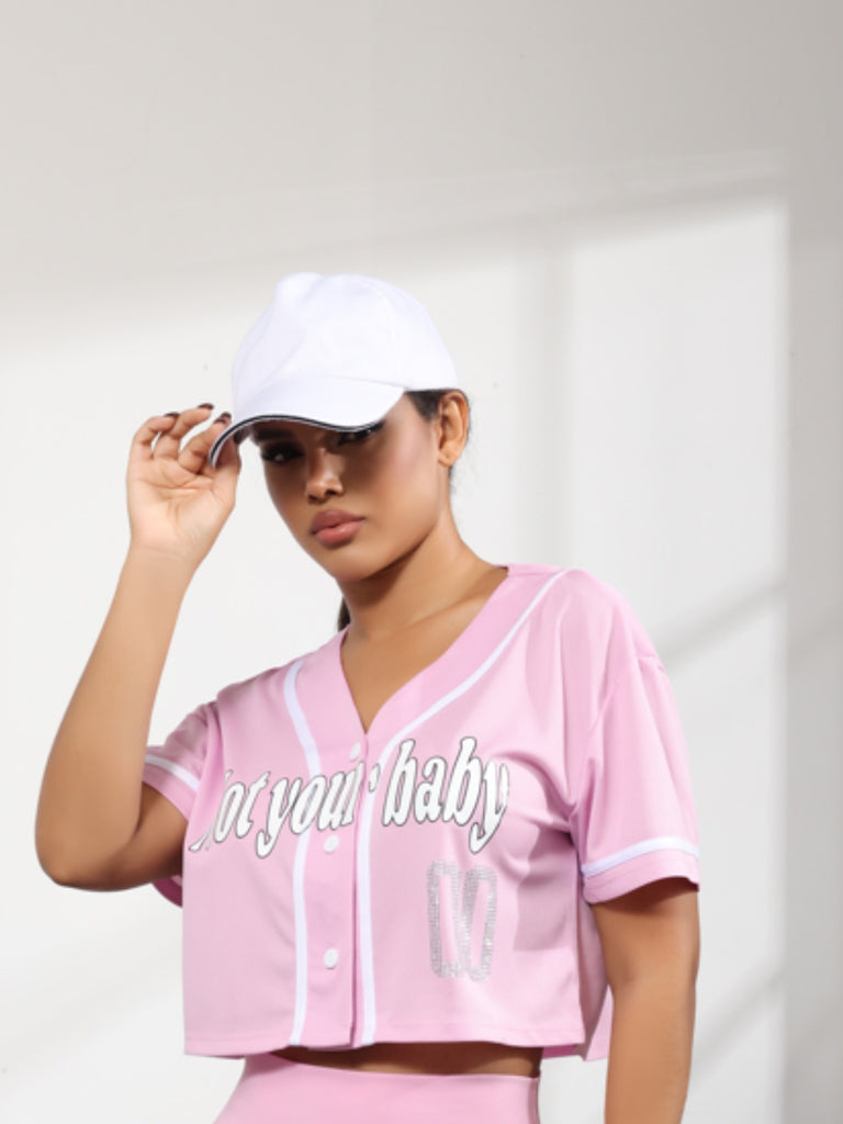 Baseball Jersey for Woman - V-Neck Printing Short Crop Tops Button Casual Softball Shirt Activewear Tee Versatile & Comfy for Spring to Summer