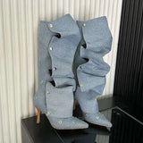 Two Wear Stiletto Heels Denim Pleated Pile Female Spice Fashion Boots Kq8