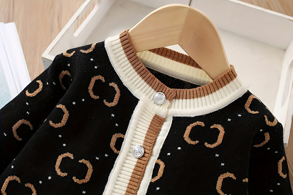 1 Set Adorable Girl's Contrast Knit Long-Sleeve Crew Neck Cardigan Coat + Matching Skirt - Soft, Comfy, and Versatile Winter & Fall Daily Casual Outfit for Girls, Perfect as a Gift