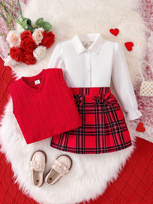 3pcs Girl's Trendy Outfit Set: Sweet Bow Plaid Skirt + Long-Sleeve Solid Shirt + V Neck Knit Vest, Suitable for Spring Fall Daily, Party, Christmas Gift
