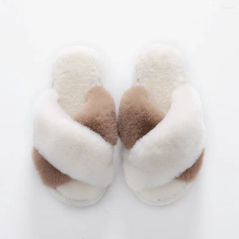 Slippers Women Men Winter Plush Cross Band Cotton Slipper Open Toe Fuzzy Warm Woman House Indoor Shoes