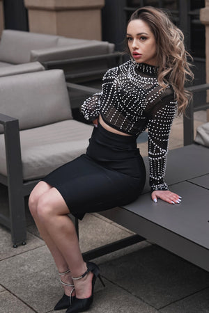 goosudu Long Sleeve Pearl Beaded Set - Black