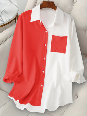 Plus Size Colorblock Collared Shirt, Casual Long Sleeve Button Front Shirt, Women's Plus Size Clothing