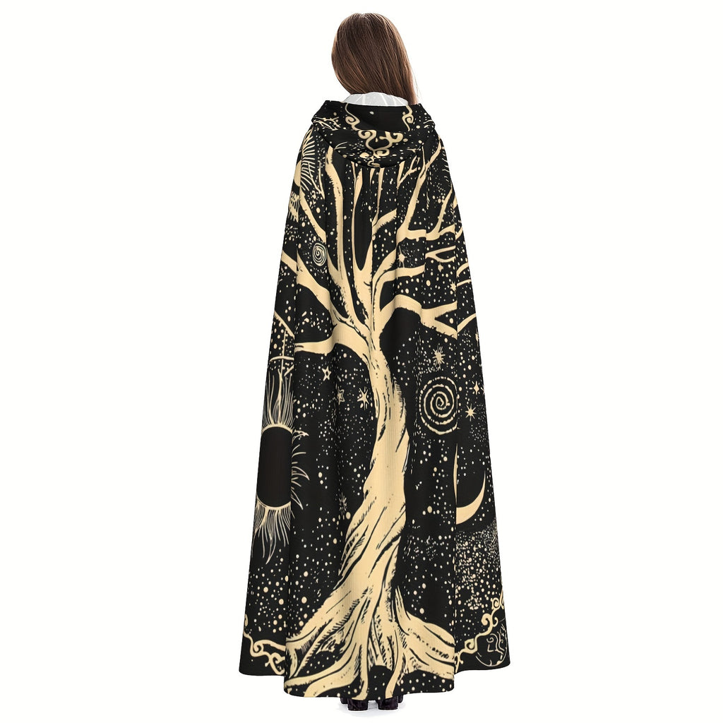Unisex Viking-Inspired Hooded Cloak-Tree of Life & Celestial Design-Soft Shawl for Cosplay & Parties, 58*60inch, 1pc