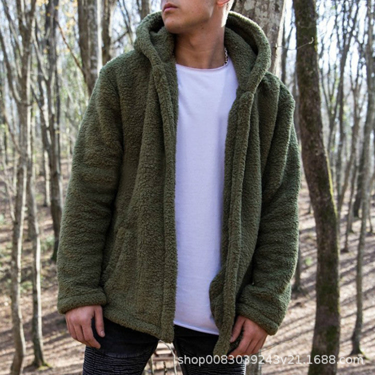2025 Popular trade men's autumn and winter casual solid color hooded jacket,   eBay plush coat to keep warm