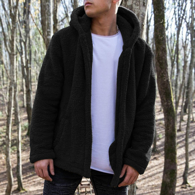 2025 Popular trade men's autumn and winter casual solid color hooded jacket,   eBay plush coat to keep warm