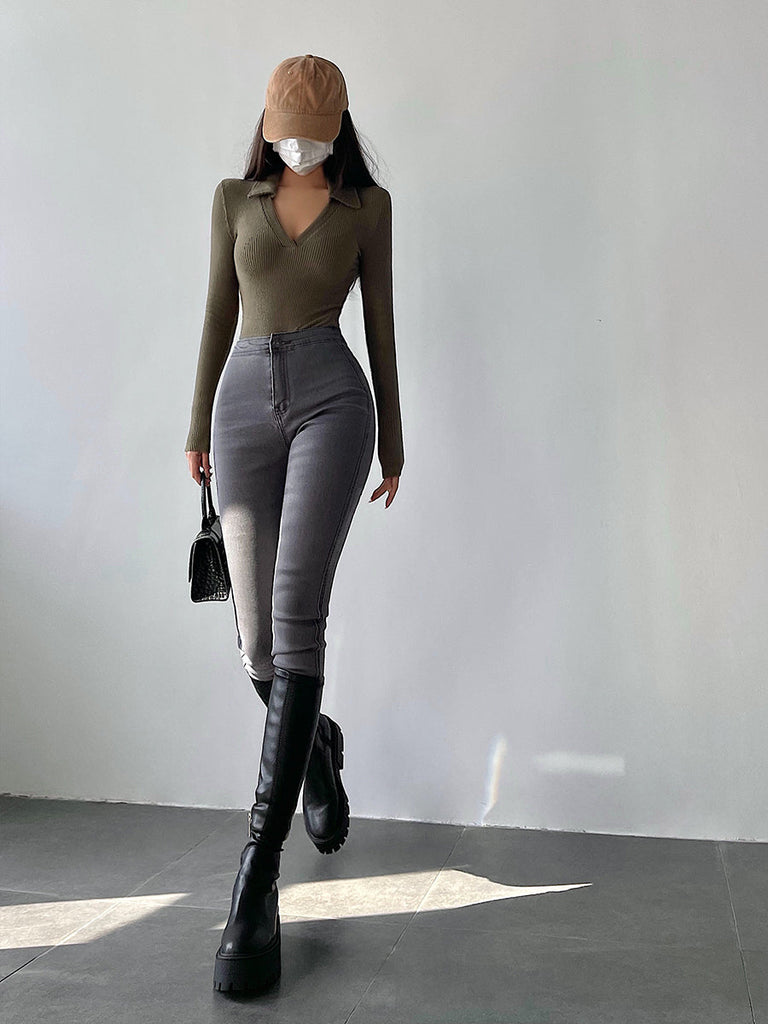 goosudu Galia Solid Color Denim High Waist Pencil Leg Skinny Jeans Pants