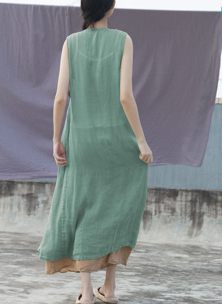 Shan Qian Nianyi, a new design ramie yarn clear retro diagonal placket lace-up vest dress