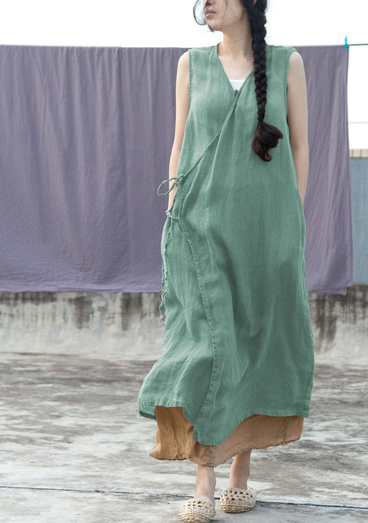 Shan Qian Nianyi, a new design ramie yarn clear retro diagonal placket lace-up vest dress