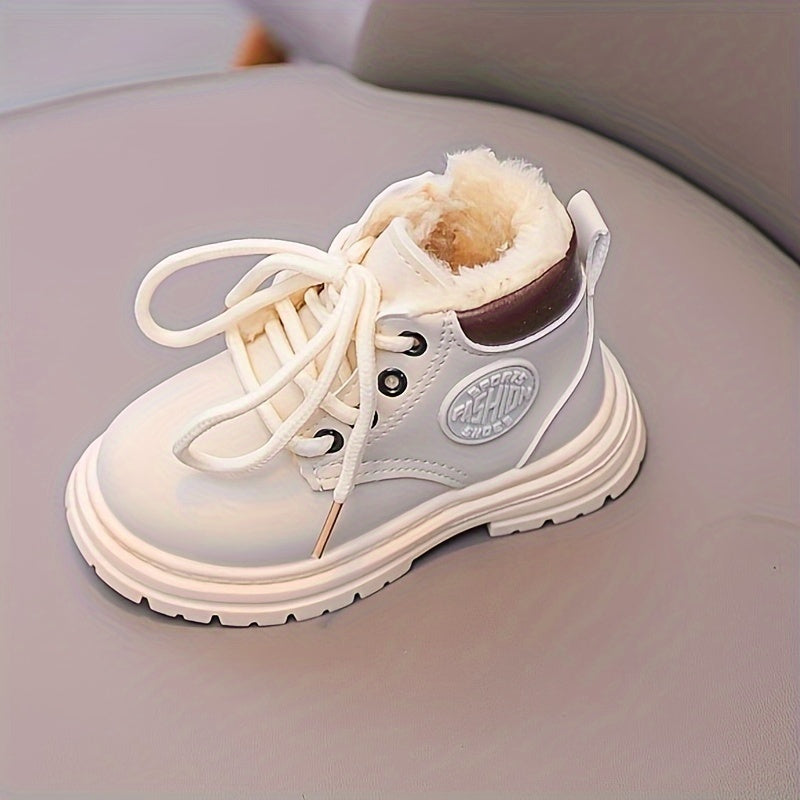 Trendy Cool Solid Color Plus Fleece Boots For Baby Boys Girls, Non-slip Warm Boots For Autumn And Winter