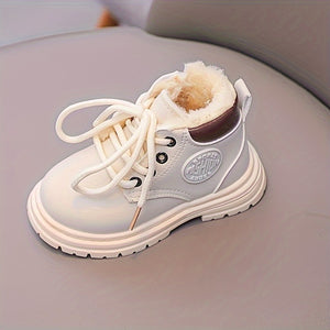 Trendy Cool Solid Color Plus Fleece Boots For Baby Boys Girls, Non-slip Warm Boots For Autumn And Winter