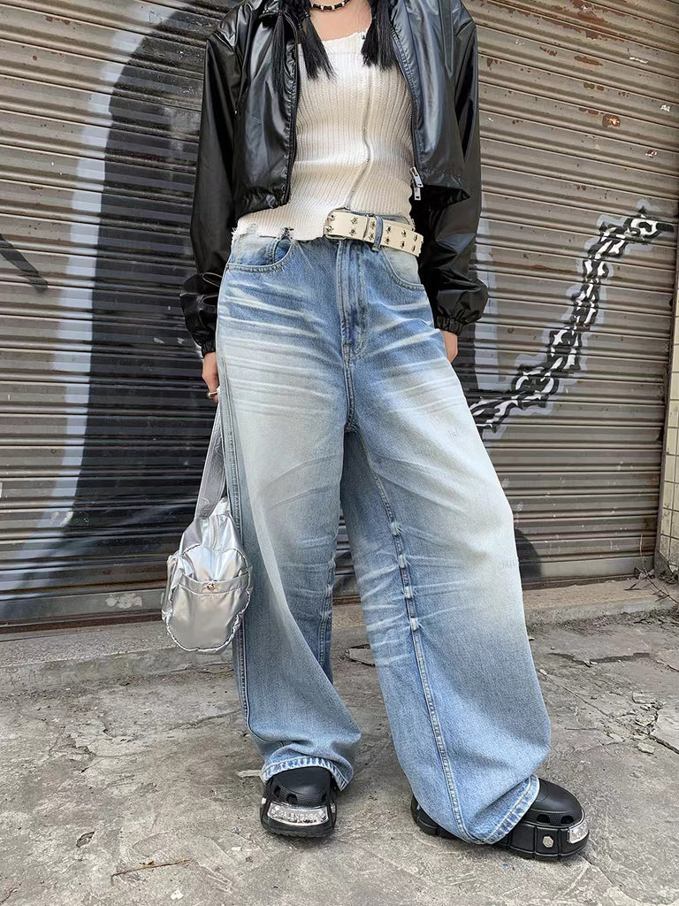 Goosudu Patchwork High Waist Unusual Ripped Jeans