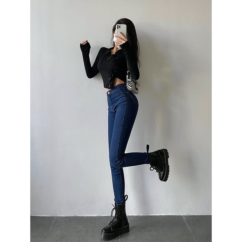 goosudu Galia Solid Color Denim High Waist Pencil Leg Skinny Jeans Pants