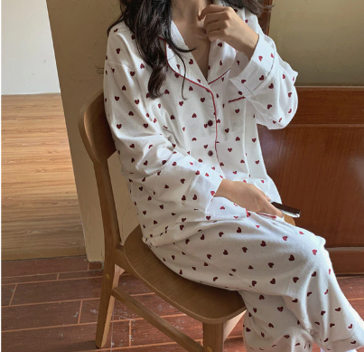 goosudu Cotton Pajamas Set Comfortable Long Sleeve Lovely Sweet Leisurewear Home Suit Spring Sleepwear Soft Korean Heart Print Kawaii