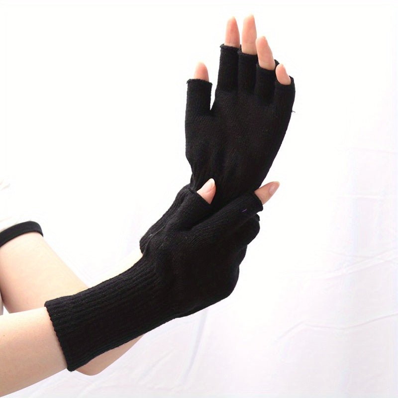Thermal Black Knit Half Finger Gloves - Warm, Coldproof, Elastic, Simple, and Thick for Winter - Extended Wear for Ultimate Comfort