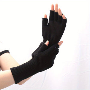 Thermal Black Knit Half Finger Gloves - Warm, Coldproof, Elastic, Simple, and Thick for Winter - Extended Wear for Ultimate Comfort