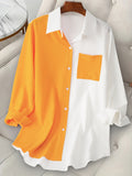 Plus Size Colorblock Collared Shirt, Casual Long Sleeve Button Front Shirt, Women's Plus Size Clothing