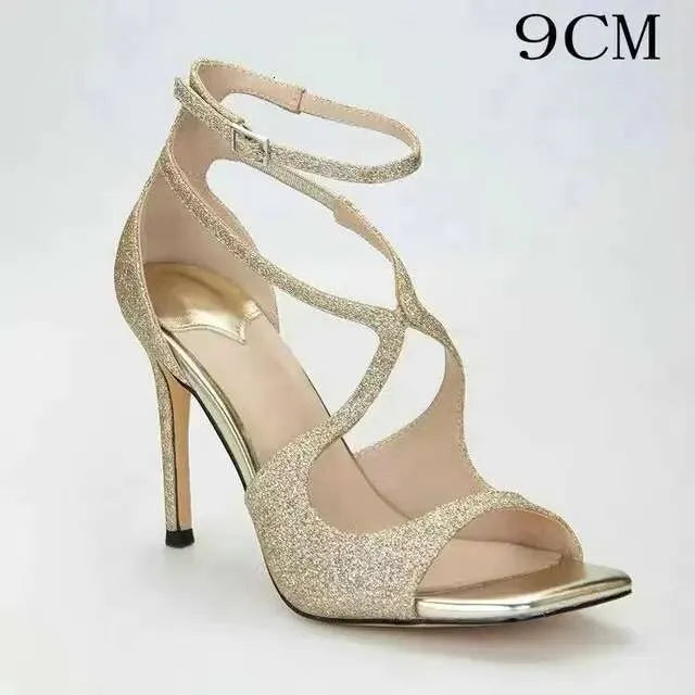 Summer A Line With Sexy Open Toe For Women New Cross Sequin Square Sandals Fashion High Heels Kq8