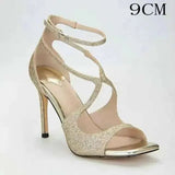 Summer A Line With Sexy Open Toe For Women New Cross Sequin Square Sandals Fashion High Heels Kq8