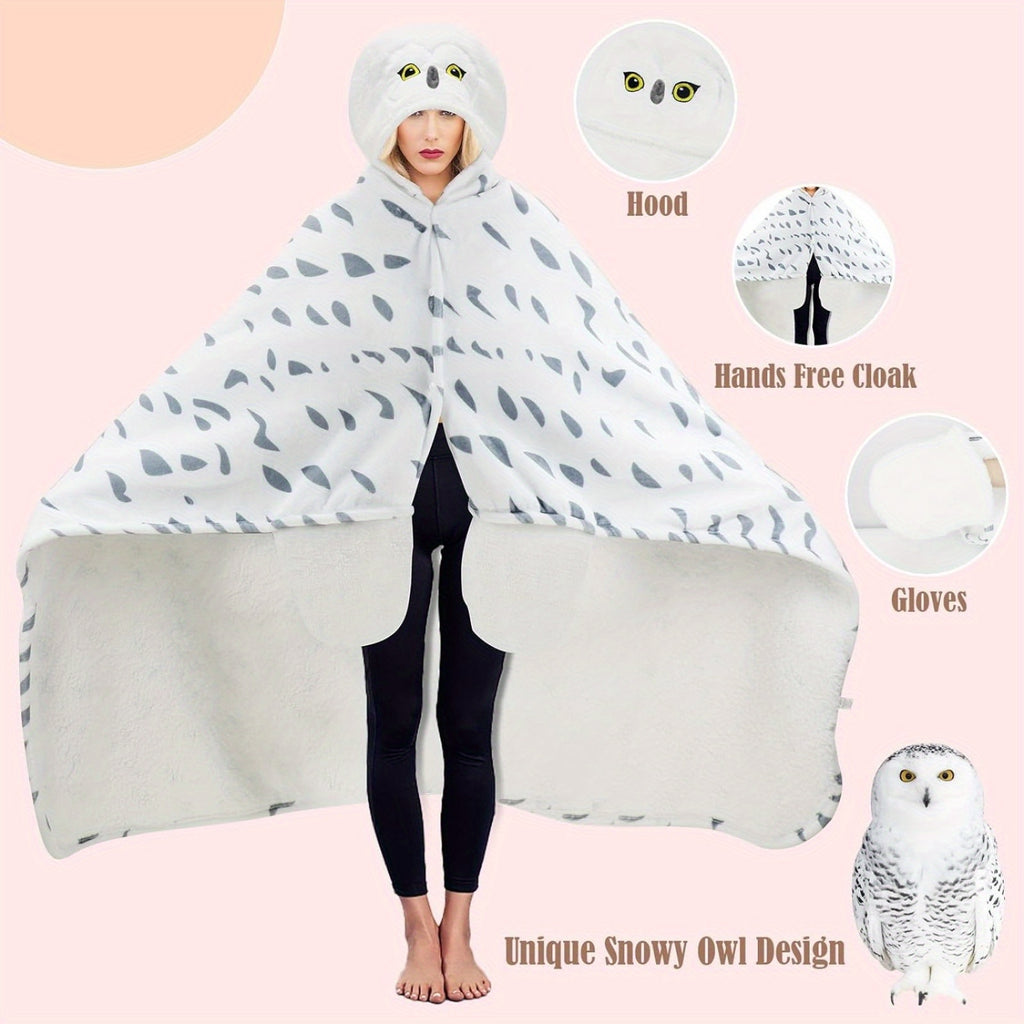 Cozy Snowy Owl Hooded Blanket Cloak with Gloves - Super Soft Flannel Wearable Throw for Adults, Perfect Gift for Men & Women