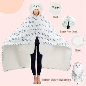 Cozy Snowy Owl Hooded Blanket Cloak with Gloves - Super Soft Flannel Wearable Throw for Adults, Perfect Gift for Men & Women