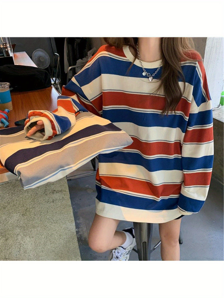 Vibrant Striped Chic Sweatshirt - Soft, Cozy, Long Sleeve Pullover for Daily Wear, Casual Street Style Fashion, Women's Comfortable Clothing for Everyday Life