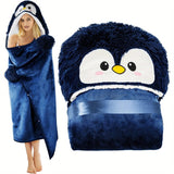Super Soft Penguin Hooded Wearable Blanket - Flannel & Sherpa Fleece Adult Cloak with Gloves - Machine Washable, Premium 240 GSM Microfiber Polyester - Contemporary Animal Themed Warm Throw Wrap