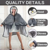 Super Soft Penguin Hooded Wearable Blanket - Flannel & Sherpa Fleece Adult Cloak with Gloves - Machine Washable, Premium 240 GSM Microfiber Polyester - Contemporary Animal Themed Warm Throw Wrap