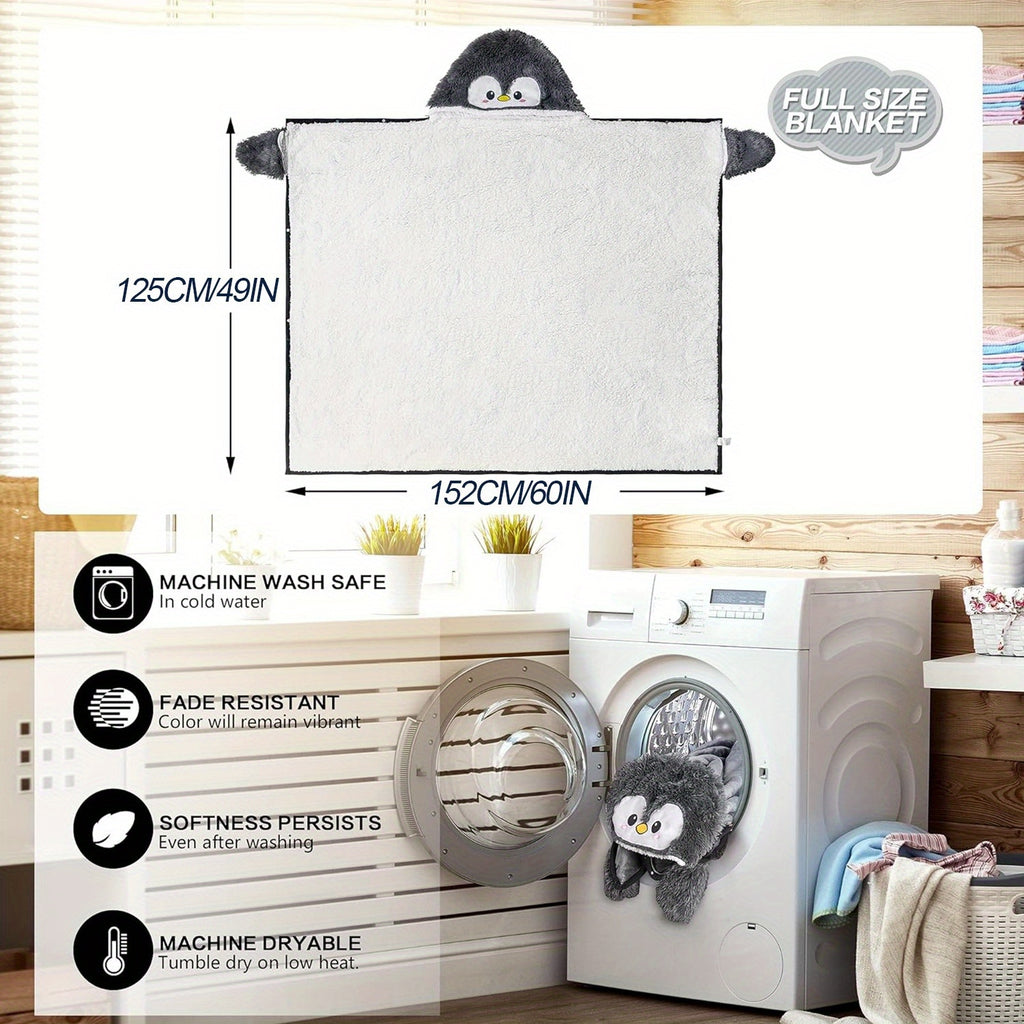 Super Soft Penguin Hooded Wearable Blanket - Flannel & Sherpa Fleece Adult Cloak with Gloves - Machine Washable, Premium 240 GSM Microfiber Polyester - Contemporary Animal Themed Warm Throw Wrap