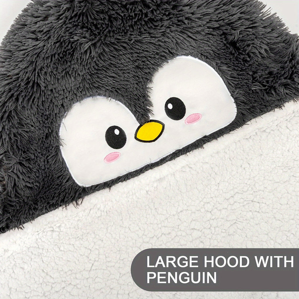 Super Soft Penguin Hooded Wearable Blanket - Flannel & Sherpa Fleece Adult Cloak with Gloves - Machine Washable, Premium 240 GSM Microfiber Polyester - Contemporary Animal Themed Warm Throw Wrap